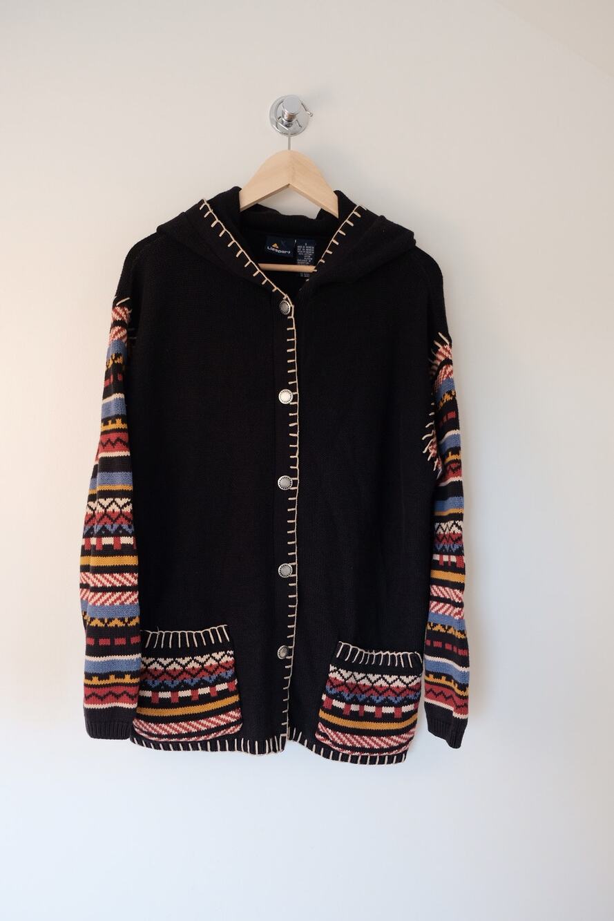 Vintage Lizsport Hooded Cardigan air Isle Whipstitch Cotton Cottagecore S